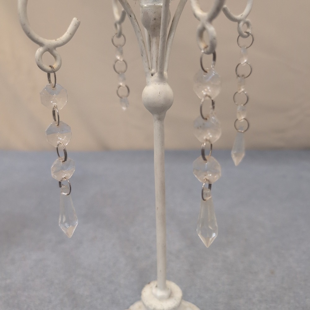 Cast Iron Taper Candle Holder Shabby Chic White Distressed Crystal Prisms - Picture 4 of 7